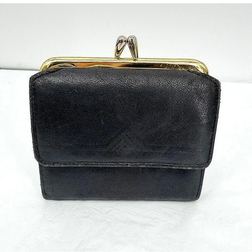 Princess Gardner Wallet Genuine Lambskin Kisslock Trifold VTG Black